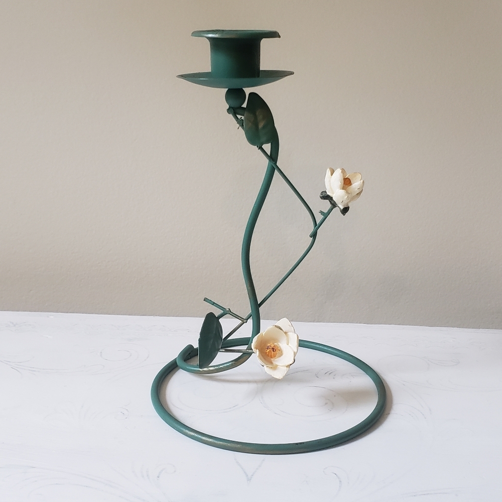 Green Metal White Flower Candle Holder with Floral Accents